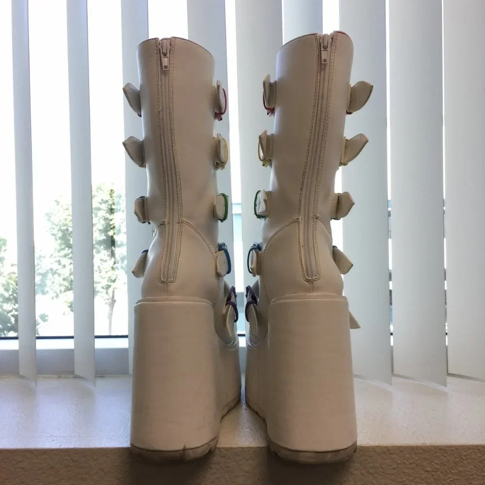 YRU White Platform Boots with Rainbow Buckles - Picture 3 of 6